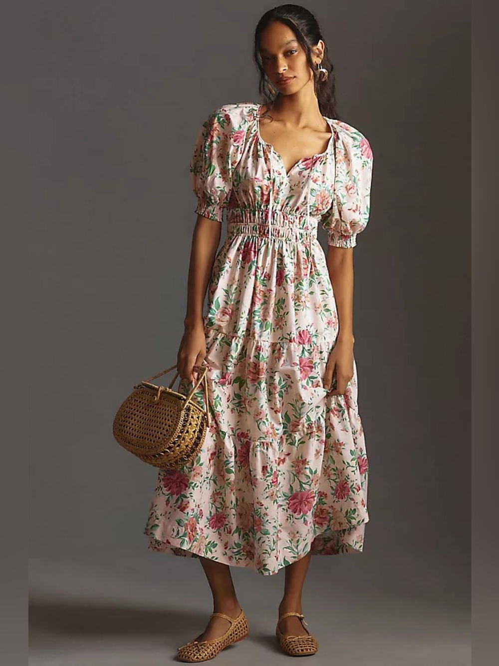 Anthropologie Somerset Maxi Dress 3X White Floral Pink Green Tiered Summer